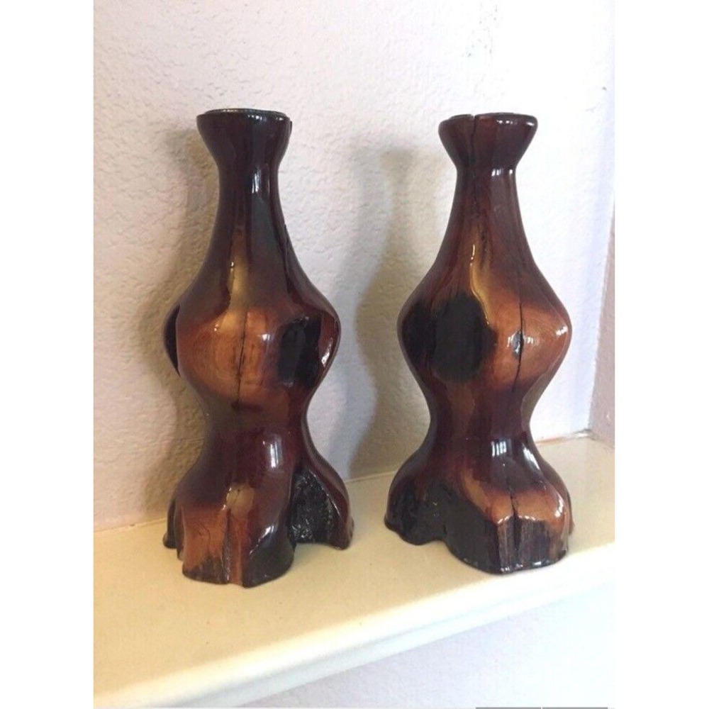 Pair Vtg Serenity Woods Turned‎ Manzanita Wood 8 In Candle Holders 2000 Signed